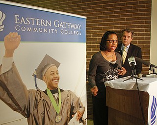        ROBERT K. YOSAY  | THE VINDICATOR..Sharrod Brown announced a bill to give veterans priority college registration to complete degrees before benefits expire. Lisa Thomas of Steubenville also talked about  her days at EGCC and pursuing her degree at a 4 year institution using military benefits