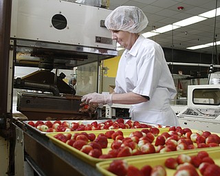        ROBERT K. YOSAY  | THE VINDICATOR..Gorant Choclatier   Diane Kalosky -  prepares fresh strawberries... into the chocolate at the factory on Market Street.. . .-30-