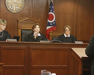        ROBERT K. YOSAY  | THE VINDICATOR..Judge Carol Ann Robb, (far right) whose six year term on the appeals court began Monday, and Judges Mary DeGenaro ( far left) and Cheryl L. Waite heard the case of a man appealing his conviction for threatening domestic violence.