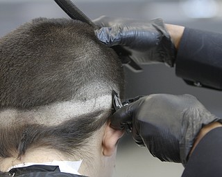        ROBERT K. YOSAY  | THE VINDICATOR..working on his 'fade' is Kelan Bilal of Excalibur  Barber grooming Lounge.... the student is  Nisael Cupelas 7th grade.Students at Volney Rogers Discovery Program had two local barbers came in to the school today ( wed) and cut and  styled over 30 students ( boys) just in time for picture day and Character Court where students in the 8th grade are elected as tops in their class - to be held Thursday at 1 PM- Character day will also include performances by after school activites of Dance Fitness, D.J./s and Media shows.