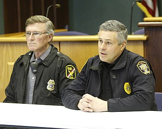        ROBERT K. YOSAY  | THE VINDICATOR..Chief of Poland VIllage  Russell Beatty Jr. and Chief ofPoland Twp  Brian Goodin Talk  about the recent car burglaries and their connection at a press conference..police Poland and Boardman police will have a press event regarding car break-in cases that have been an issue in both communities for several years. They have some new leads to connect the cases and want the publicÕs help in tracking down suspects