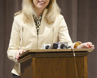 Katie Rickman | The Vindicator.Valerie Plame a former CIA Operations Officer speaks to the press at Stambaugh Auditorium prior to speaking to Youngstown State students about her experience in the CIA and what it was like when her identity was exposed.  She is currently an author and has written books about her experiences.