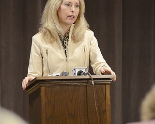 Katie Rickman | The Vindicator.Valerie Plame a former CIA Operations Officer speaks to the press at Stambaugh Auditorium prior to speaking to Youngstown State students about her experience in the CIA and what it was like when her identity was exposed.  She is currently an author and has written books about her experiences.