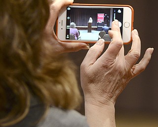 Katie Rickman | The Vindicator.Sue Seiff of Pittsburgh, Pa. takes a photo of her close friend Valerie Plame, a former CIA Operations Officer as she addressed the press at Stambaugh Auditorium prior to speaking to Youngstown State students about her experience in the CIA and what it was like when her identity was exposed.  She is currently an author and has written books about her experiences.