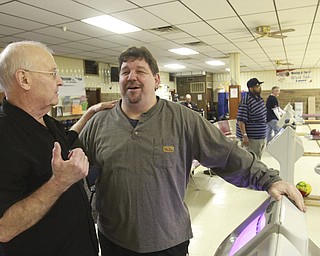William D. Lewis the Vindicator Dick Baker of Girard ,left, and Paul Harris of Canfield share a laugh before bowling at West Side Lanes in Youngstown2-26-15.