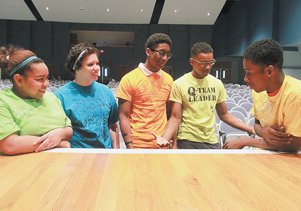 East High School students, from left, senior Kayla Mitchell, freshman Alexis Palumbo, freshman Darneal Lewis and seniors Reginald Allen and Trey Ingram work on an anti-bullying skit.
