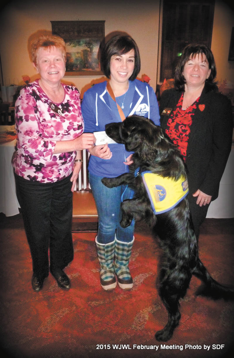 SPECIAL TO THE VINDICATOR: During the recent general meeting of the GFWC Ohio Warren Junior Women’s League, President Renee Maiorca and past presidents were recognized by Esther Gartland, Northeast District president; and Mary Lou Jarrett, the league’s second vice president and membership chairman. The keynote speaker was Krystal Culler, a trainer for Canine Companions for Independence, who was accompanied by Pepsi. The dog demonstrated his abilities to help those in need. From left are Pam Vines, WJWL’s first vice president; Culler; Pepsi, who is taking his check for speaking; and Maiorca.