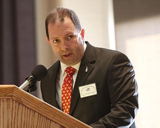        ROBERT K. YOSAY  | THE VINDICATOR..Pat Ginnetti-- Mahoning County  Engineer...  MC the event at YSU..Thirty-five teams from 18 area high schools did thier best at building the best foot-long balsa-wood bridge at the 8th annual Miniature Bridge Building Competition Friday, Feb. 27, in Kilcawley Center at Youngstown State University..