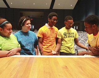 William D. Leiws The Vindicator  East hS students work on an anti bullying skit. l-r they are Kayla Mitchell, 12th grader, Alexis Palumbo, 9th grade, Darneal Lewis, 9th grade, Reginald Allen, 12th and Trey Ingram, 12th grade.