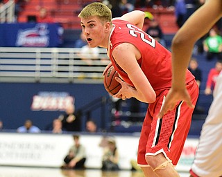 PITTSBURGH, PENNSYLVANIA - MARCH 7, 2015:  Peyton Aldridge #23 of Davidson hold the ball while looking for a lane to drive to the basket during the 1st half of Saturday nights game against Duquesne at the Palumbo Center. (Photo by David Dermer/Youngstown Vindicator)