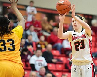 YOUNGSTOWN, OHIO - MARCH 7, 2015: Sarah Cash #23 of YSU shoots a 3 point shot over Sharon Karungi #33 of Valpo during the 1st half of Saturday afternoons NCAA basketball game at Beeghly Center. (Photo by David Dermer/Youngstown Vindicator)
