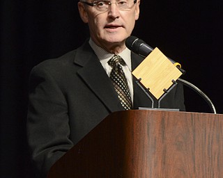 Katie Rickman | The Vindicator.Jim Tressel speaks after receiving the Communicator of the Year Award during the 88th Annual Ohio High School Speech League State Tournament at Boardman High School on Friday, March 6, 2015.