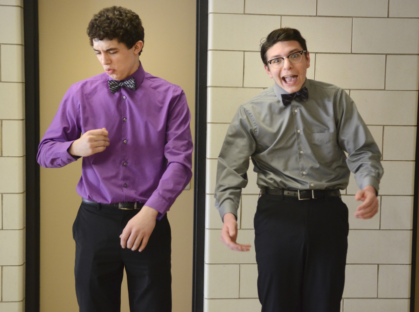 Katie Rickman | The Vindicator.L-R.Troy Waltiszewski, a freshman at South Range High Schools acts out a portion of his speech with Grant Rothbauer, a junior at the 88th Annual Ohio High School Speech League State Tournament at Boardman High School on Friday, March 6, 2015.