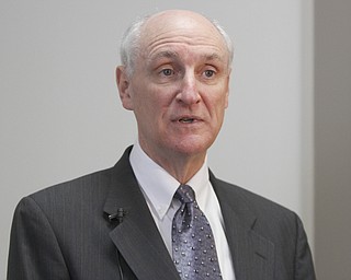        ROBERT K. YOSAY  | THE VINDICATOR..Ralph T Meacham... responds to remarks by Carol McFall, long-time chief deputy Mahoning County auditor, who was fired Wednesday by the new Auditor Ralph T. Meacham, speaks to the press in front of her former courthouse office...