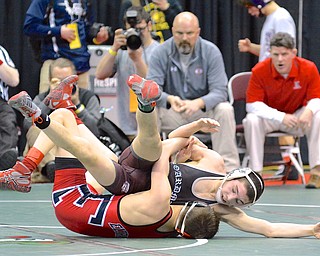 Jeff Lange | The Vindicator  Boardman's Vince Mancini (top) is slammed to the mat by Elyria opponent Joshua Breeding during their 106 pound Division I matchup at OSU during the state wrestling tournament, Thursday afternoon.