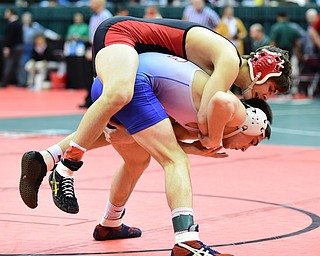COLUMBUS, OHIO - MARCH 13, 2015: Georgio Pollas of Canfield rides the back of Devin Rogers of Northwestern during their 126lb championship round bout Friday night at Schottenstein Center. (Photo by David Dermer/Youngstown Vindicator)