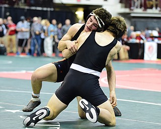 COLUMBUS, OHIO - MARCH 13, 2015: David-Brian Whisler of Howland stuff the takedown attempts from Russell Miller of Miami Trace during their 170lb championship round bout Friday night at Schottenstein Center. (Photo by David Dermer/Youngstown Vindicator)