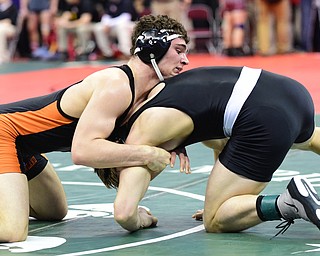 COLUMBUS, OHIO - MARCH 13, 2015: David-Brian Whisler of Howland controls the back of Russell Miller of Miami Trace during their 170lb championship round bout Friday night at Schottenstein Center. (Photo by David Dermer/Youngstown Vindicator)