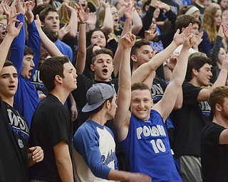 Katie Rickman | The Vindicator.Poland students throw their hands in the air and celebrate as Poland played out the remaining minutes of the game against Canfield at Warren G. Harding High School on March 14, 2015.