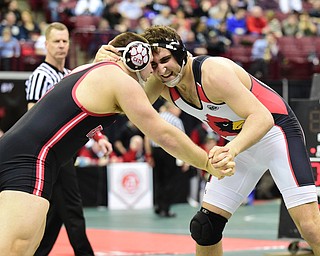 COLUMBUS, OHIO - MARCH 14, 2015: Jacob Esarco of Canfield grapples with Michael Crocket of Franklin during their 220lb Division 2 consolation round bout Saturday morning at Schottenstein Center. (Photo by David Dermer/Youngstown Vindicator)