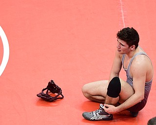 COLUMBUS, OHIO - MARCH 14, 2015: Anthony Mancini of Boardman reacts to losing his 160lb Division 1 consolation round bout Saturday morning at Schottenstein Center. (Photo by David Dermer/Youngstown Vindicator)