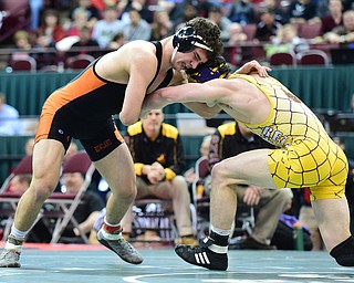 COLUMBUS, OHIO - MARCH 14, 2015: David-Brian Whisler of Howland grapples with Benjamin Schram of Bellbrook during their 170lb Division 2 championship round bout Saturday night at Schottenstein Center. (Photo by David Dermer/Youngstown Vindicator)