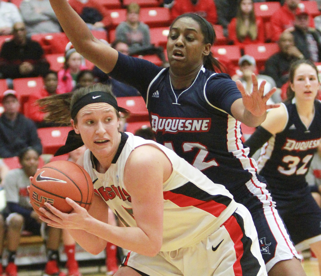 William D. Lewis The vindicator  YSU's Heidi Schlegel(15) keeps the ball from Duquesene's Stasia King(42) during 3-19-15 action at YSU.
