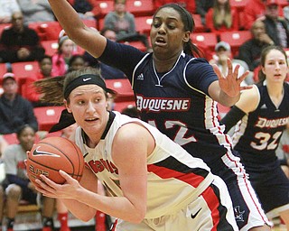 William D. Lewis The vindicator  YSU's Heidi Schlegel(15) keeps the ball from Duquesene's Stasia King(42) during 3-19-15 action at YSU.