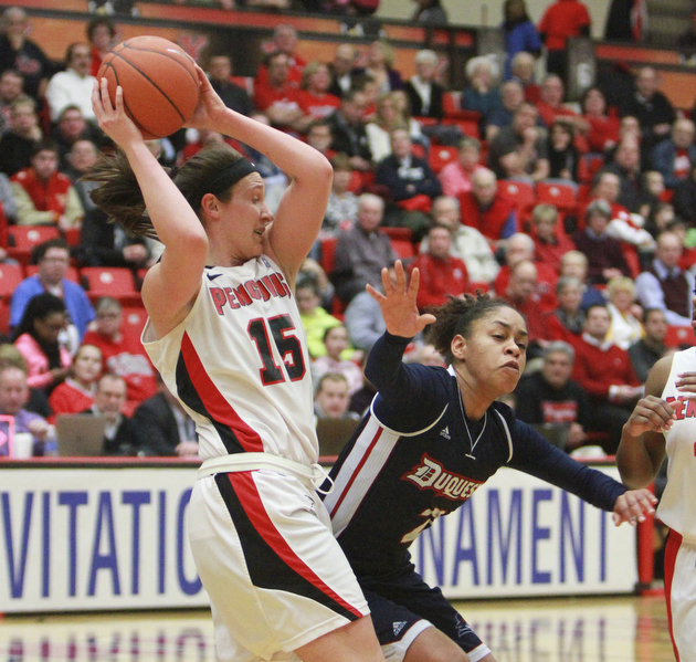 William D. Lewis The vindicator  YSU's Heidi Schlegel(15) and Duquesne's Devaa"Nyar Workman(2) during 3-19-15 action at YSU.
