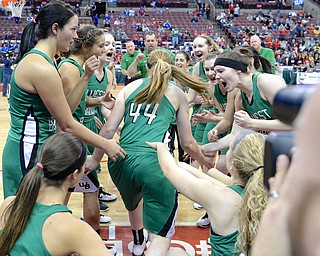 Jeff Lange | The Vindicator  West Branch's Lea Bock (44) is cheered on by her teammates during pregame announcements prior to the start of Friday night's Division II state semifinal game against Toledo Rogers at the Schott in Columbus.
