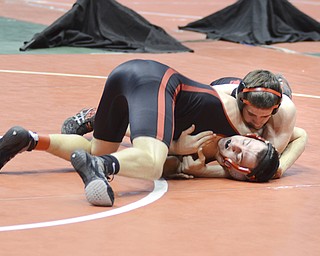 Katie Rickman | The Vindicator.Canfield's Peyton Kostelic wrestles Dylan Bess of New London and wins the match on March 21, 2015.