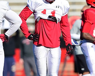 YOUNGSTOWN, OHIO - MARCH 24, 2015: Derek Rivers #11 of YSU looks to the sideline for the play during Tuesday afternoons practice at Stambaugh Stadium. (Photo by David Dermer/Youngstown Vindicator)