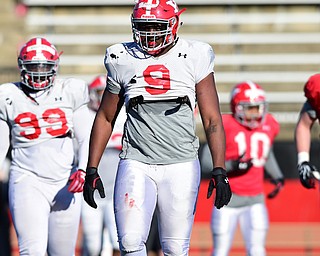 YOUNGSTOWN, OHIO - MARCH 24, 2015: Avery Moss #9 of YSU looks to the sideline for the play during Tuesday afternoons practice at Stambaugh Stadium. (Photo by David Dermer/Youngstown Vindicator)