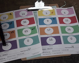        ROBERT K. YOSAY  | THE VINDICATOR..Using a color coded chart to load the amount of cookies into private vehicles...Girl Scout cookies by the thousands of boxes, arrived via 4 semi-trucks Friday  at W. D. Packard Music Hall here and are arriving sat at St. Michael Parish in Canfield to be picked up by local Girl Scout leaders for distribution to their troop members.