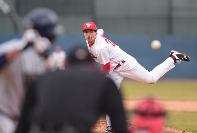 NILES, OHIO - MARCH 25, 2015: Pitcher Austin Lujano #29 of YSU throws a pitch int he top of the 3rd inning during Wednesday afternoons game at Eastwood Field. (Photo by David Dermer/Youngstown Vindicator)