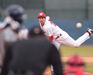 NILES, OHIO - MARCH 25, 2015: Pitcher Austin Lujano #29 of YSU throws a pitch int he top of the 3rd inning during Wednesday afternoons game at Eastwood Field. (Photo by David Dermer/Youngstown Vindicator)