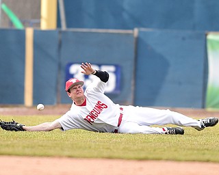NILES, OHIO - MARCH 25, 2015: Left fielder Jason Shirley #20 of YSU dives unsuccessfully for the baseball allowing Pitt base runners to advance during the top of the 4th inning during Wednesday afternoons game at Eastwood Field. (Photo by David Dermer/Youngstown Vindicator)
