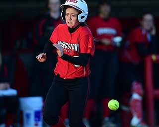 YOUNGSTOWN, OHIO - MARCH 25, 2015: Katie Smallcomb #5 of YSU rounds third base to head home and score a YSU run in the bottom of the 2nd inning during game 2 of a doubleheader Wednesday night at the YSU Softball Complex. (Photo by David Dermer/Youngstown Vindicator)