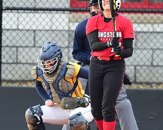 YOUNGSTOWN, OHIO - MARCH 25, 2015: Batter Miranda Castiglione #17 of YSU grits her teeth after swinning and missing a pitch during an at bat in the bottom of the 5th inning during game 1 of a doubleheader Wednesday night at the YSU Softball Complex. (Photo by David Dermer/Youngstown Vindicator)