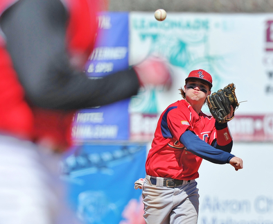Jeff Lange | The Vindicator  UIC second baseman David Cronin makes a throw to first to put out a YSU baserunner in the fourth inning of the first game at Eastwood Field, Sunday, March 29, 2015.