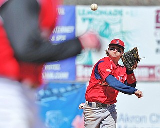 Jeff Lange | The Vindicator  UIC second baseman David Cronin makes a throw to first to put out a YSU baserunner in the fourth inning of the first game at Eastwood Field, Sunday, March 29, 2015.