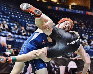 Jeff Lange | The Vindicator  Austintown's Jacob Smail slams Perrysburg Wrestling Club's Ryan Musgrove to the mat during their battle for 5th place in the OAC Grade School State Wrestling Tournament held at the Covelli, Sunday, March 29, 2015.
