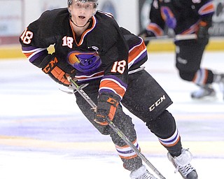 Jeff Lange | The Vindicator  APRIL 4, 2015 - Youngstown Phantoms' Kyle Connor (18) moves the puck along the ice during the first period of Youngstown's hockey game against the Muskegon Lumberjacks, Saturday night at the Covelli.