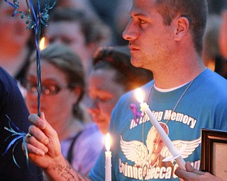 William D Lewis The vindicator Ethan gump, father of fire victim Corinne Gump holds a candle during a 4-7-15 vigil at house where 3 people died in a house fire.