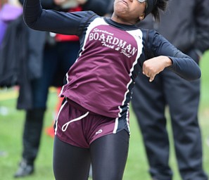 POLAND, OHIO - APRIl 25, 2015: Faith Twyman of Boardman throws the shot put Saturday afternoon at Poland High School during the Poland Invitational Track & Field Meet. (Photo by David Dermer/Youngstown Vindicator)