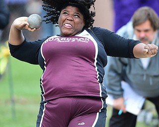 POLAND, OHIO - APRIl 25, 2015: Ka'nisha White of Boardman throws the shot put Saturday afternoon at Poland High School during the Poland Invitational Track & Field Meet. (Photo by David Dermer/Youngstown Vindicator)