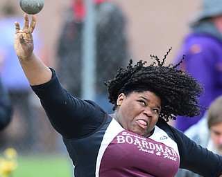 POLAND, OHIO - APRIl 25, 2015: Ka'nisha White of Boardman throws the shot put Saturday afternoon at Poland High School during the Poland Invitational Track & Field Meet. (Photo by David Dermer/Youngstown Vindicator)