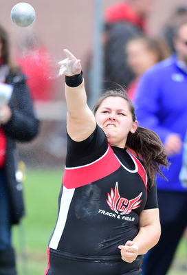 POLAND, OHIO - APRIl 25, 2015: Kaelin Kabetso of Canfield throws the shot put Saturday afternoon at Poland High School during the Poland Invitational Track & Field Meet. (Photo by David Dermer/Youngstown Vindicator)