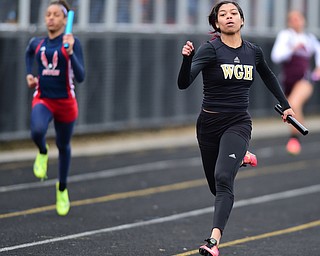 POLAND, OHIO - APRIl 25, 2015: Justice Richardson of Harding sprints to the finish line during the final leg of the Girls 4x100 meter relay Saturday afternoon at Poland High School during the Poland Invitational Track & Field Meet. (Photo by David Dermer/Youngstown Vindicator)