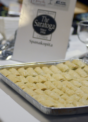 Katie Rickman | The Vindicator.A finger food called "Spanakopita" which is a spinach and cheese pastry from The Saratoga at the Stambaugh Auditorium on April 26, 2015.